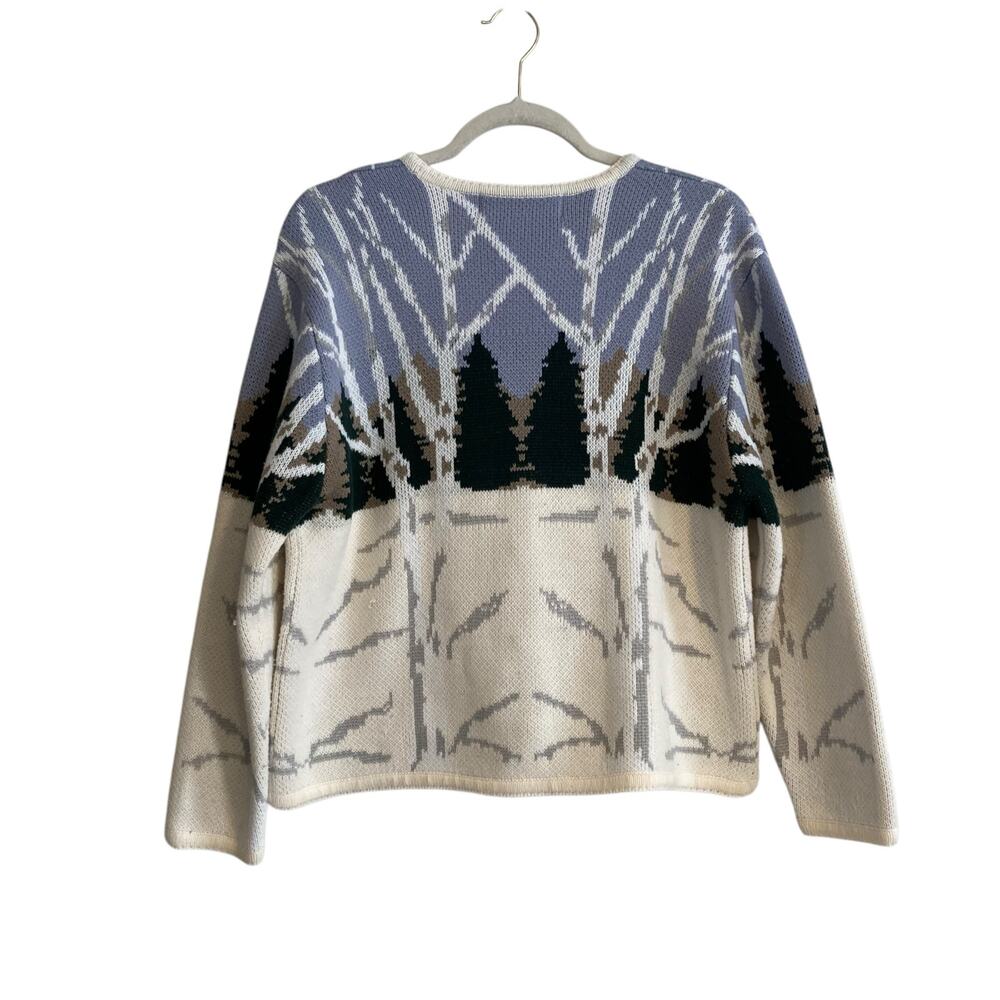 Vintage 90s Winter Forest Scene Cardigan Birch Trees Sz M - Picture 2 of 15